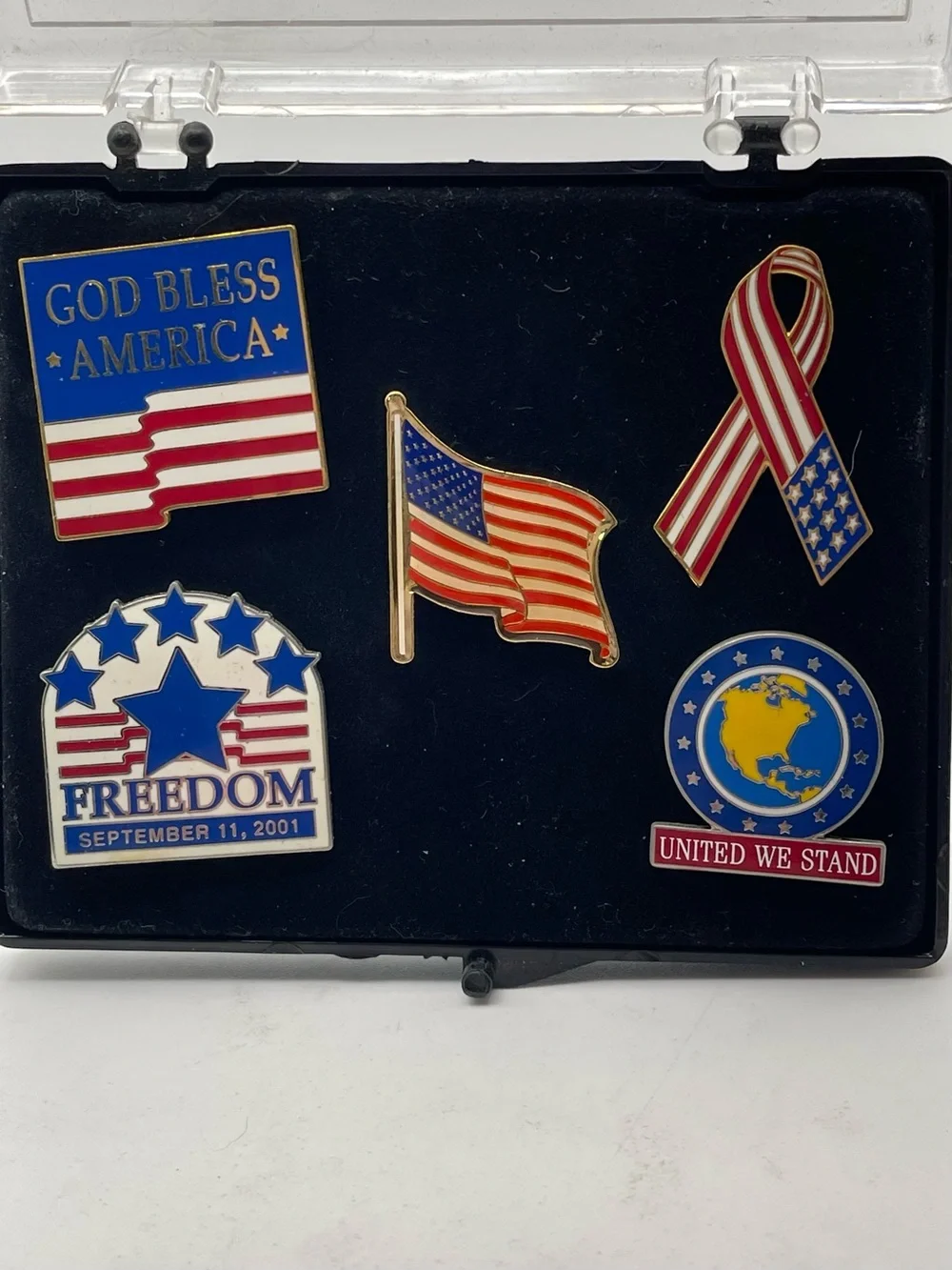 Vintage Patriotic 911 Remembrance Lapel Pin Set 5pc God Bless America Freedom